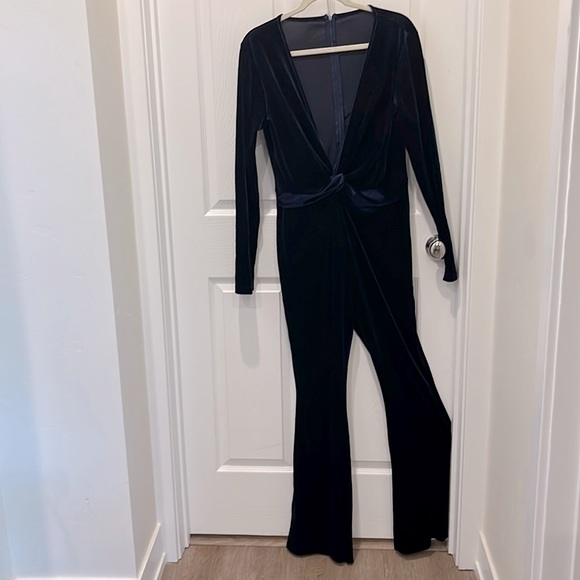 NWOT Royal blue velvet jumpsuit with deep v neckline - Picture 6 of 10